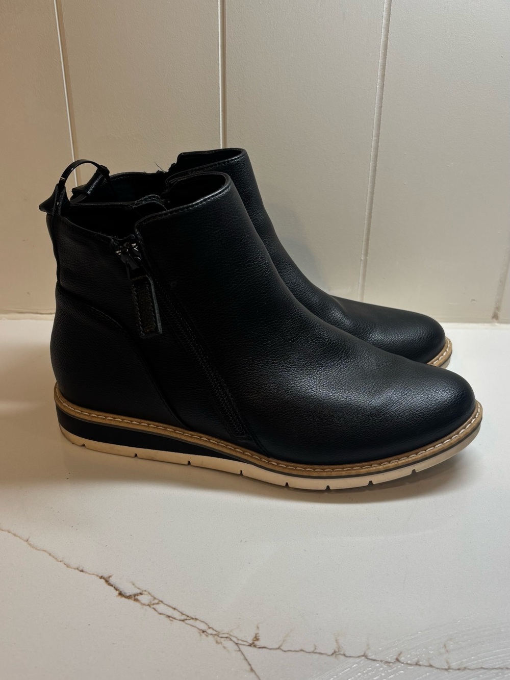 Kelly & Katie Black Ankle Wedge Booties with Tan Trim